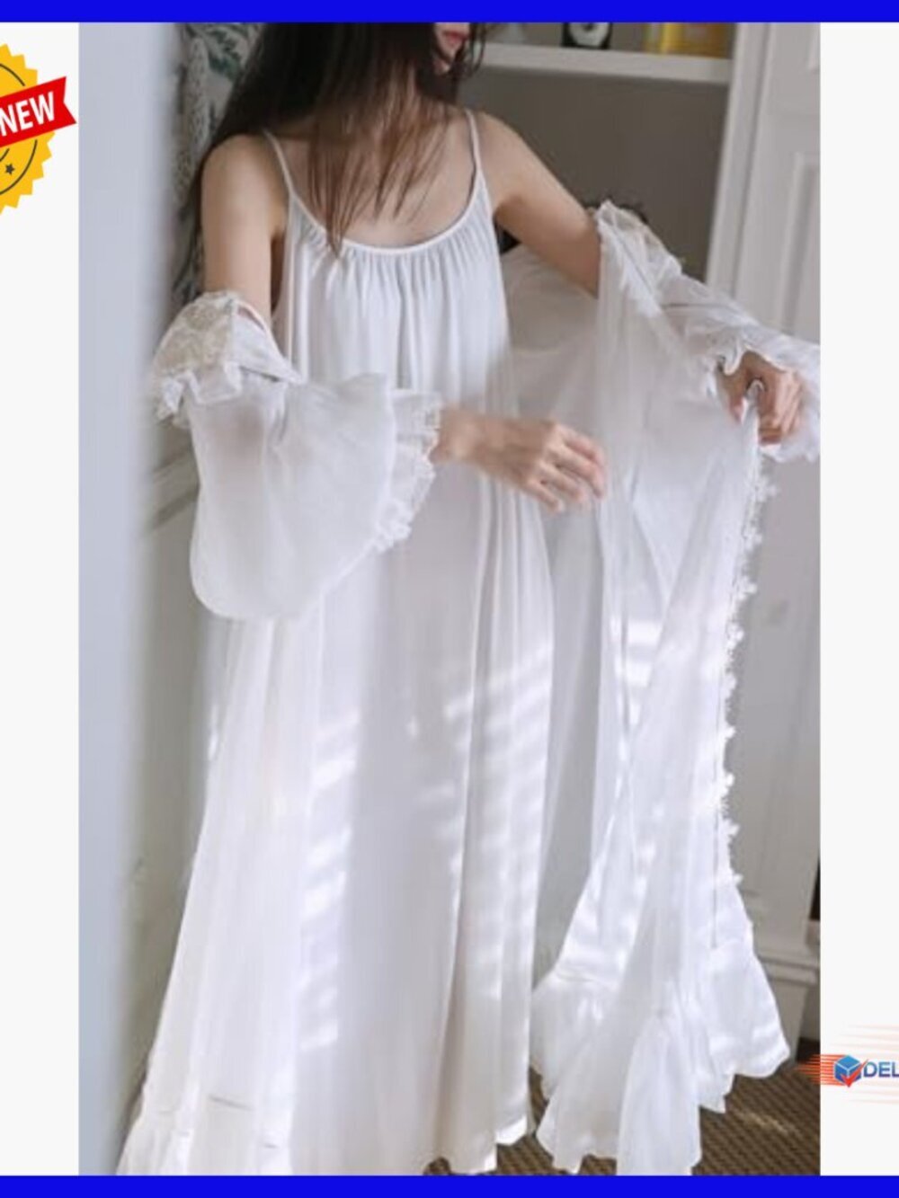 Small Cotton Victorian Nightgown Robe Set Built-in Bra Lace Collar - Picture 4 of 7